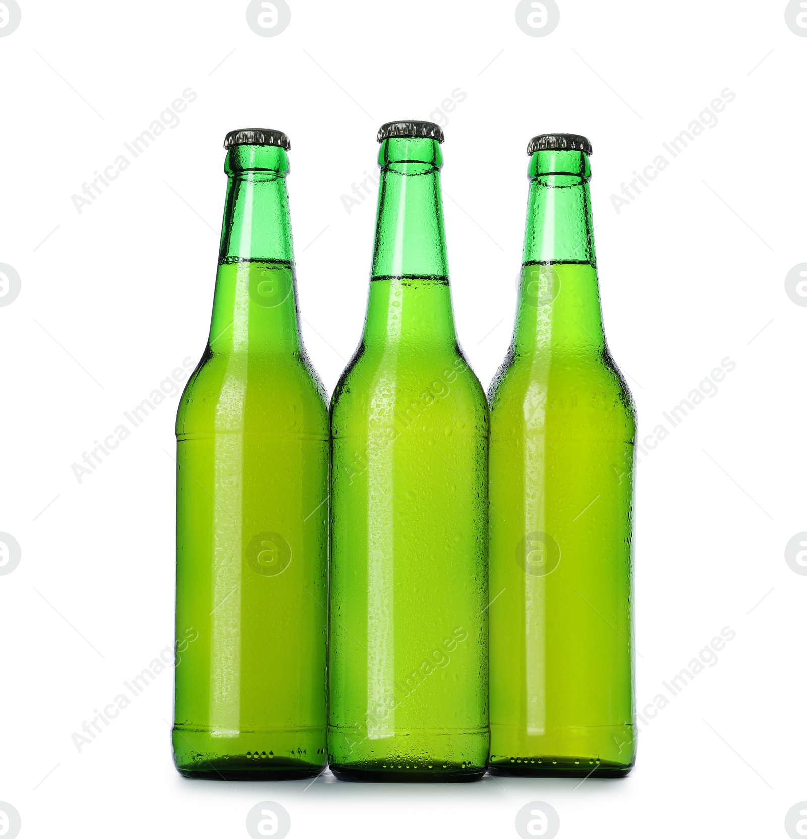 Photo of Green bottles with beer isolated on white