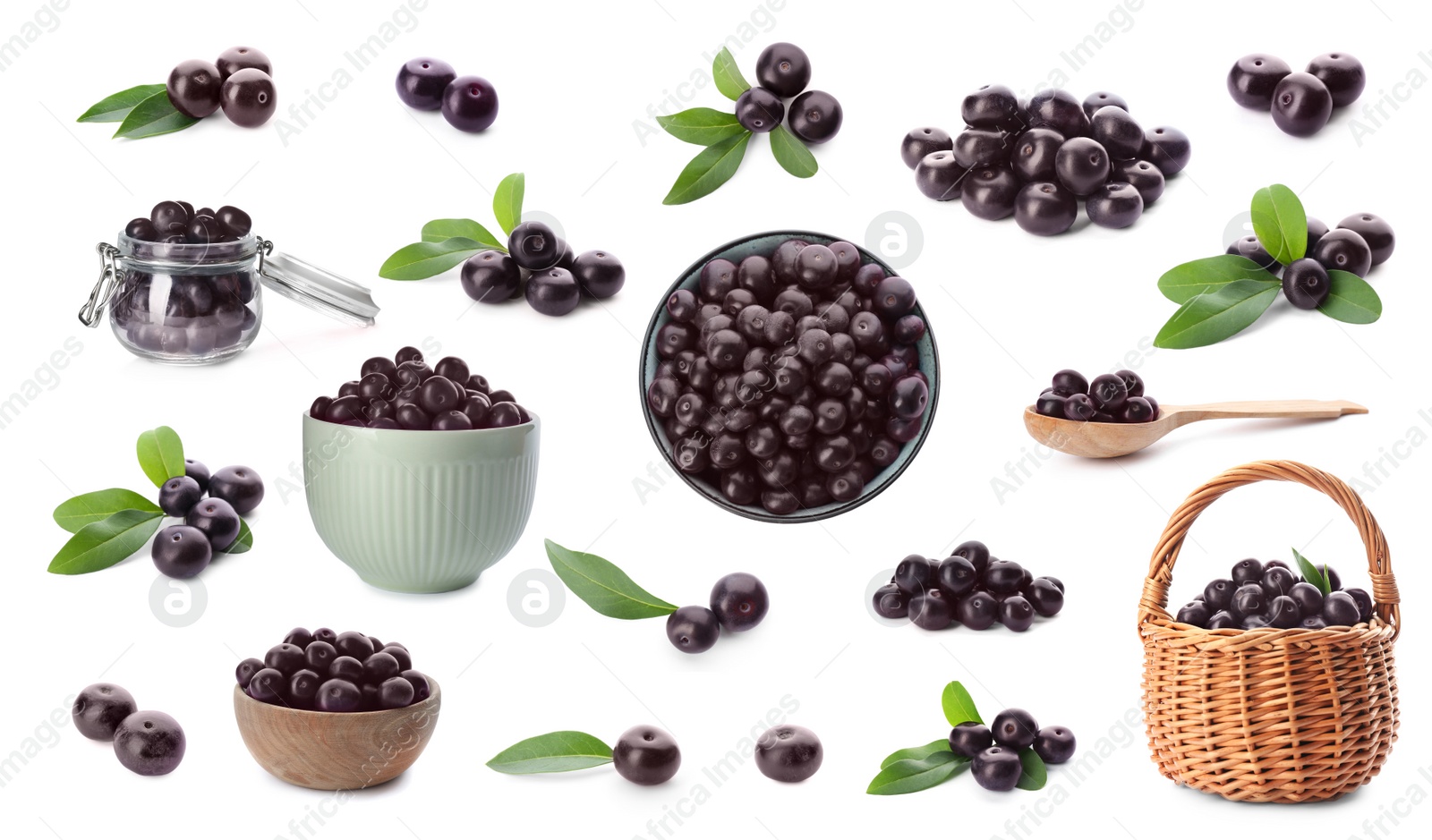 Image of Set of fresh acai berries on white background