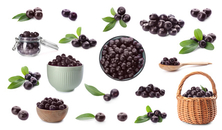 Image of Set of fresh acai berries on white background