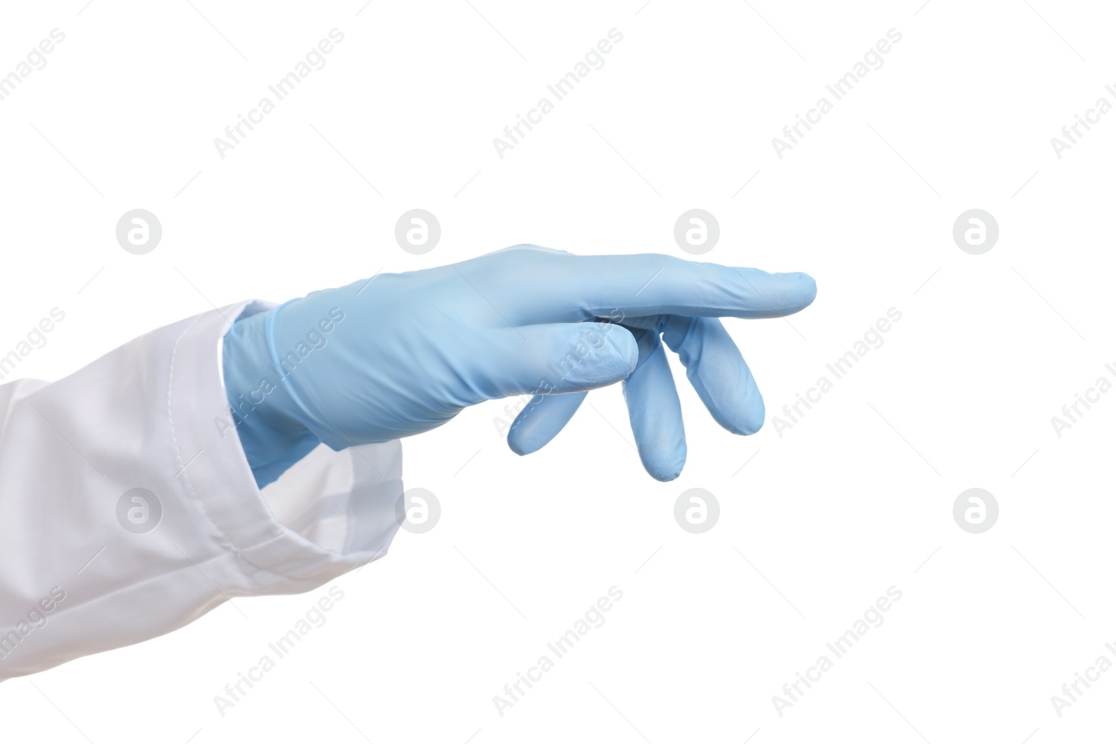 Photo of Doctor wearing light blue medical glove on white background, closeup