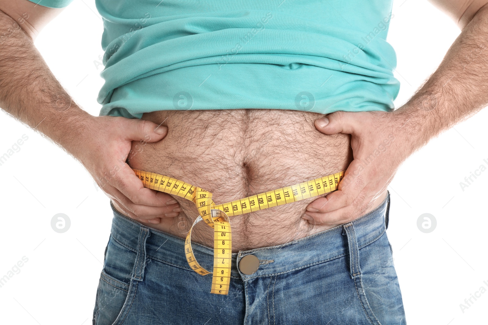 Photo of Overweight man with large belly and measuring tape isolated on white, closeup