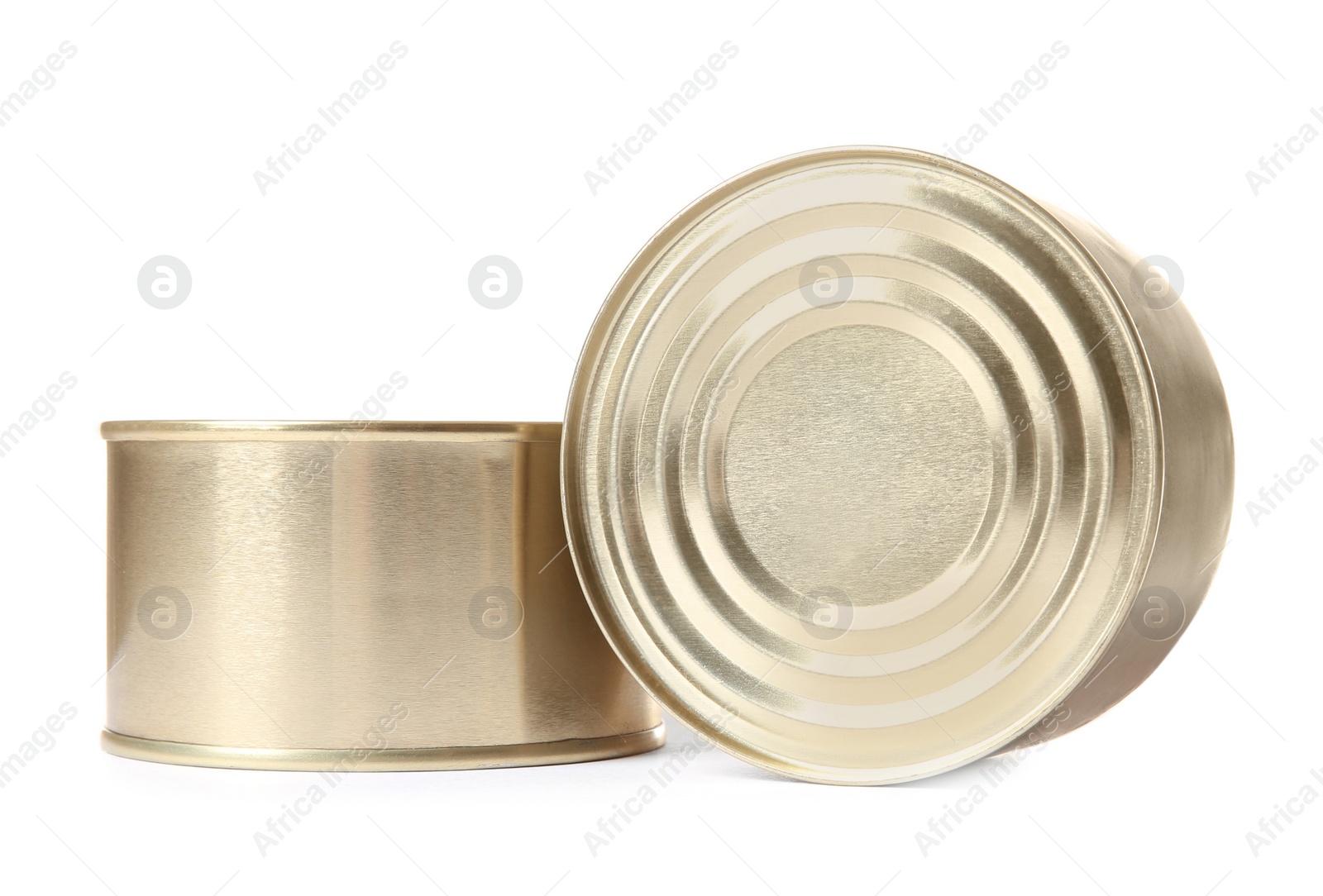 Photo of Closed tin cans isolated on white, mockup for design