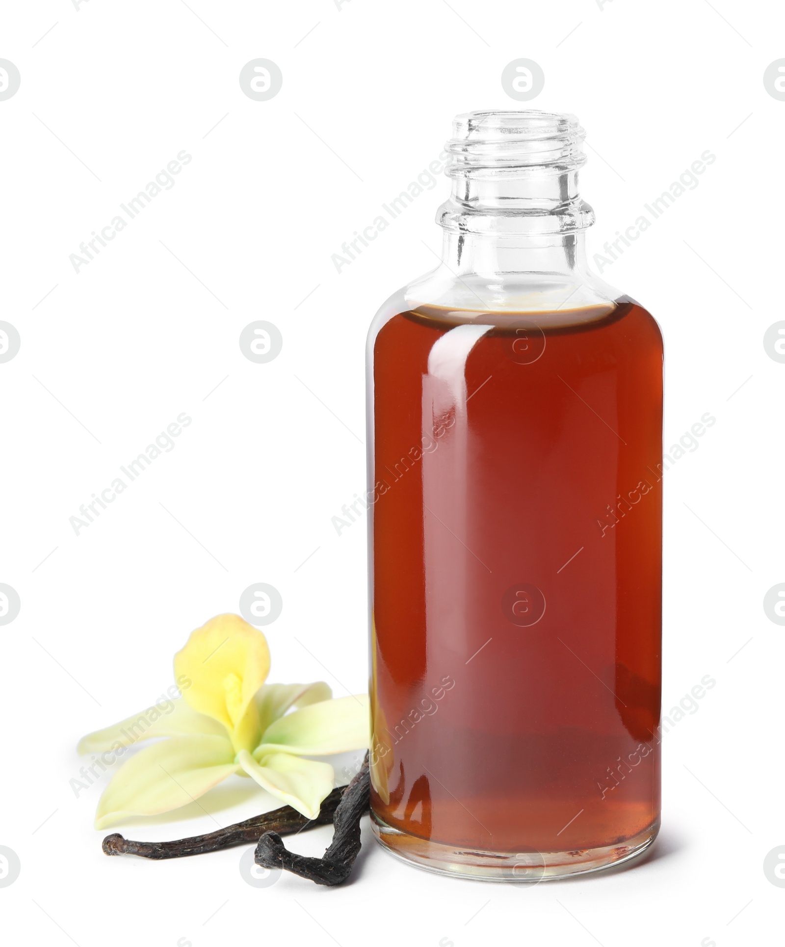 Photo of Vanilla extract, flower and dry pods isolated on white