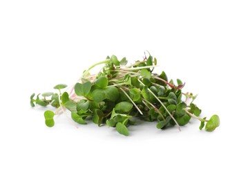 Photo of Heap of fresh radish microgreens on white background