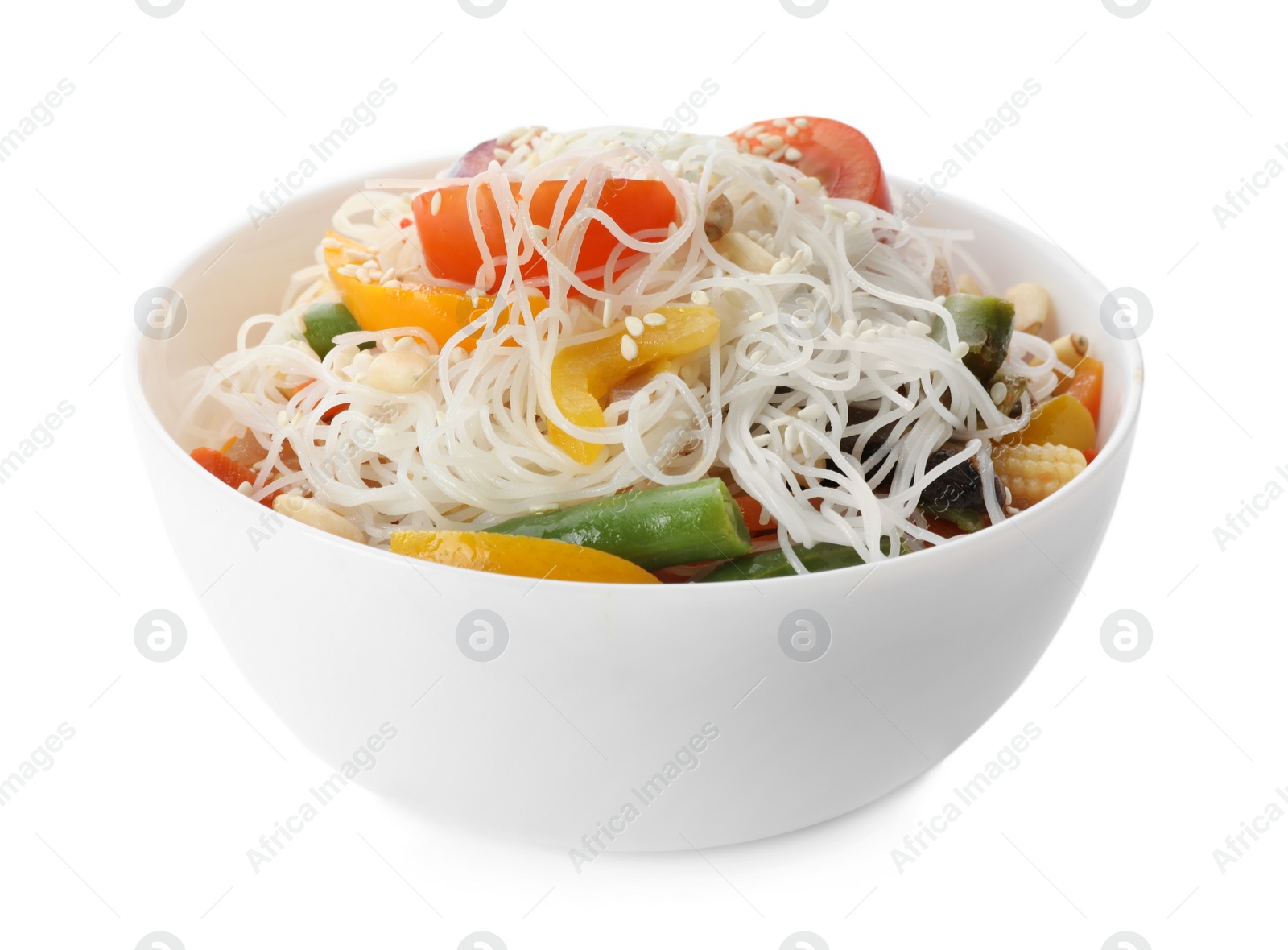 Photo of Tasty cooked rice noodles with vegetables isolated on white