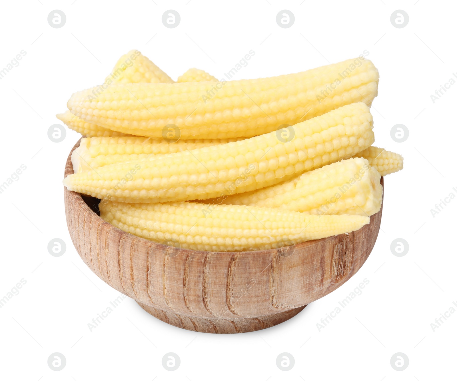 Photo of Tasty fresh yellow baby corn in bowl isolated on white