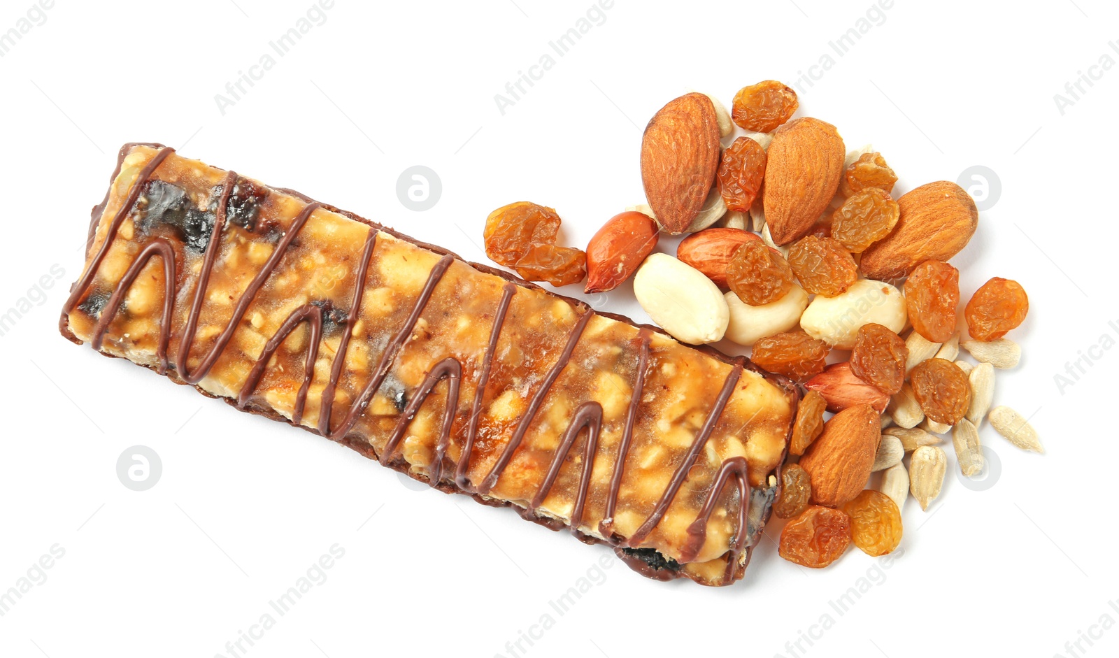 Photo of Grain cereal bar with chocolate, nuts and raisins on white background