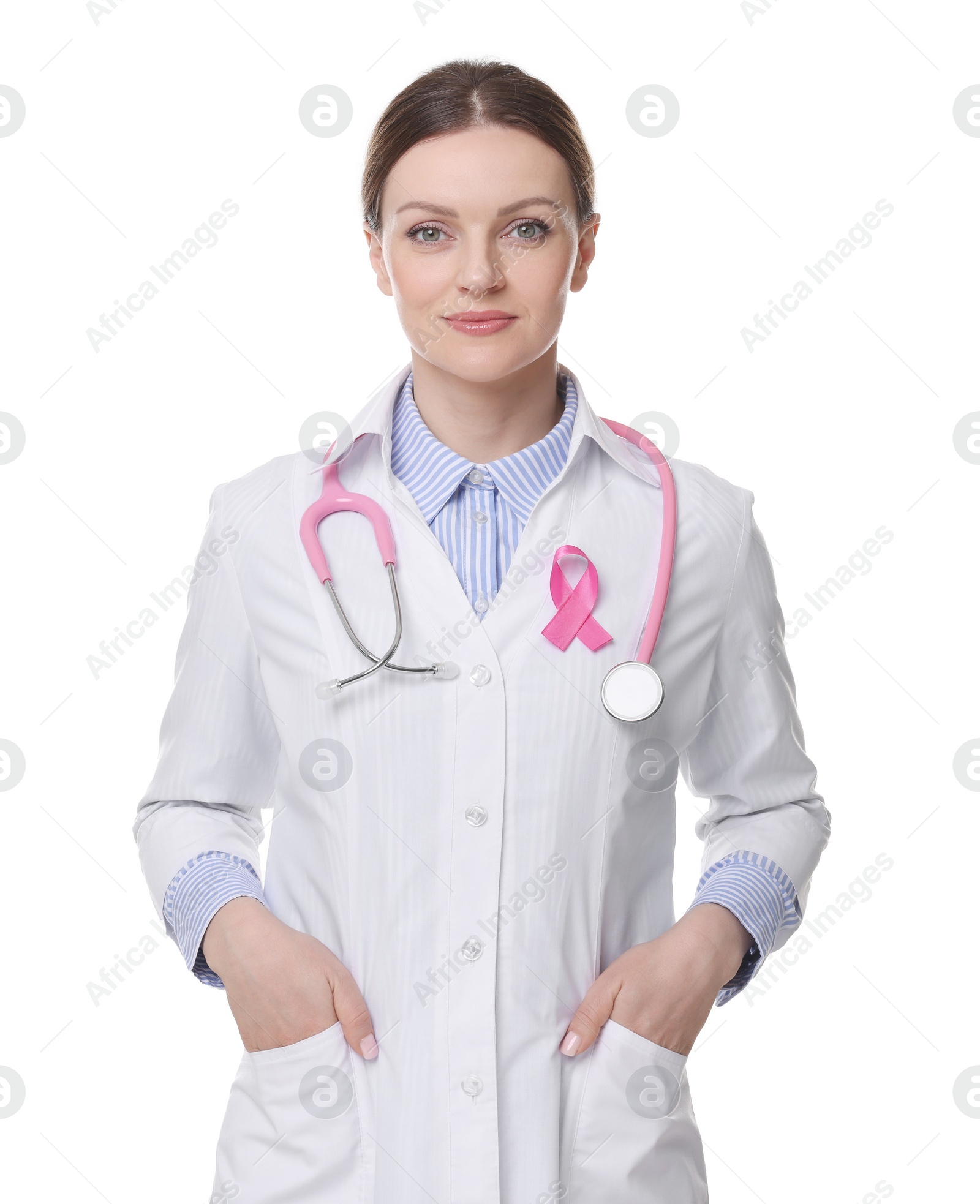 Photo of Mammologist with pink ribbon on white background. Breast cancer awareness