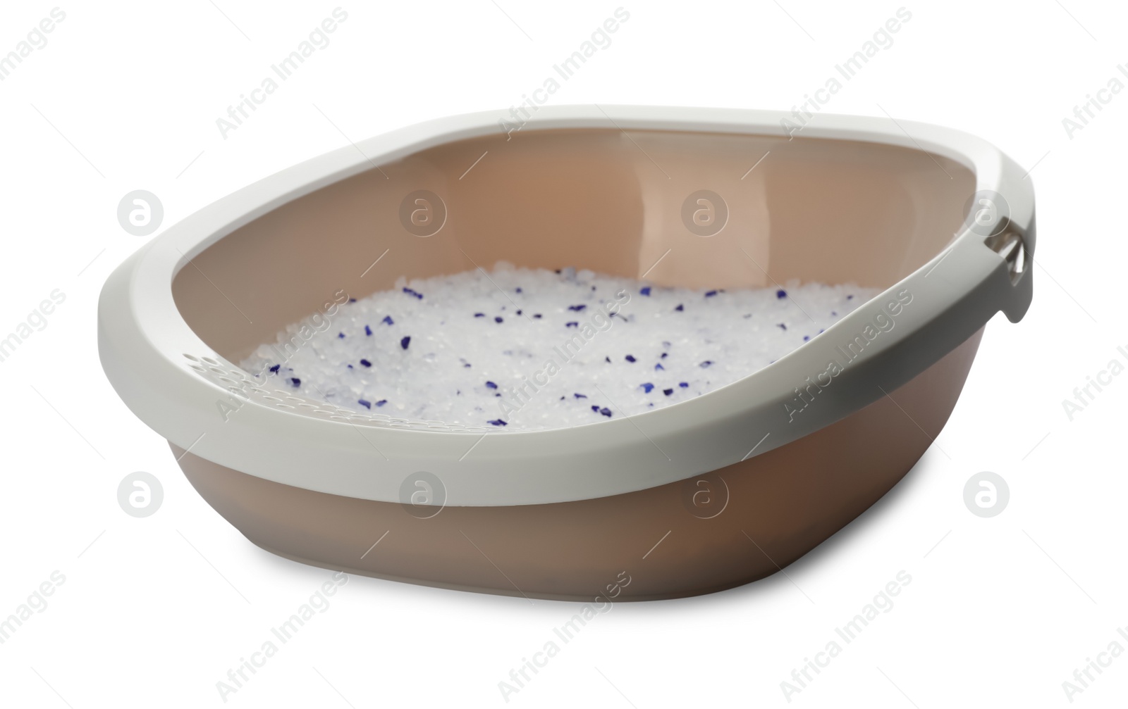 Photo of Beige cat litter tray with filler isolated on white