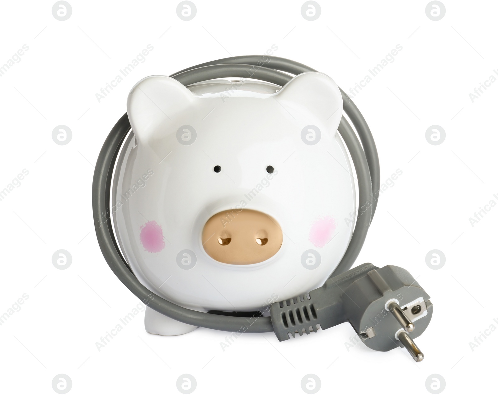 Photo of Piggy bank with power plug isolated on white. Energy saving concept
