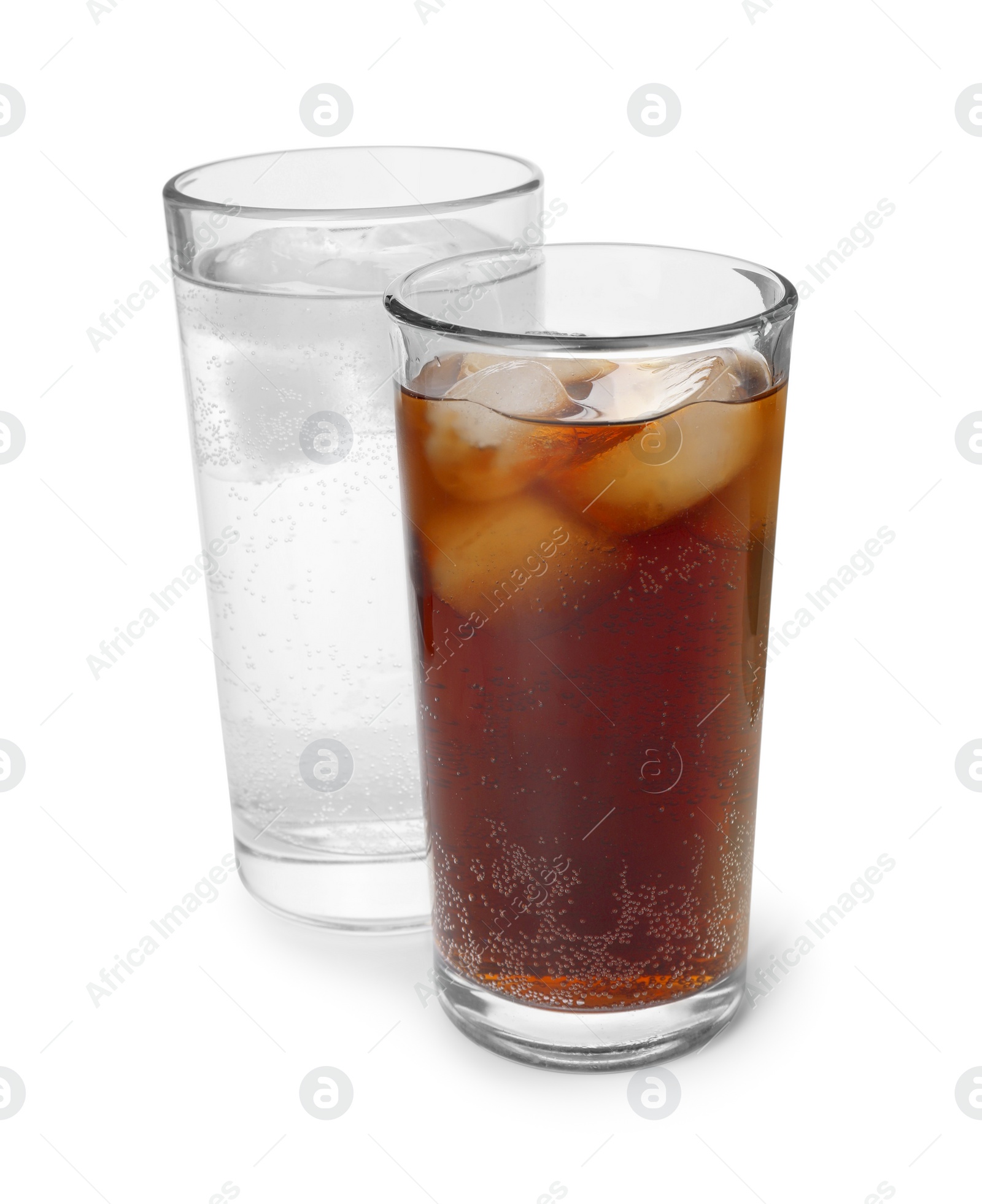 Photo of Glasses of different refreshing soda water with ice cubes on white background