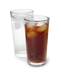 Glasses of different refreshing soda water with ice cubes on white background