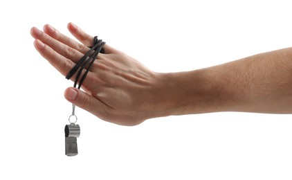 Photo of Referee holding whistle on white background, closeup