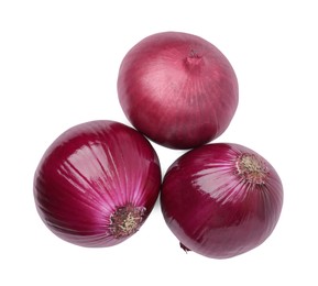Photo of Many fresh red onions on white background, top view