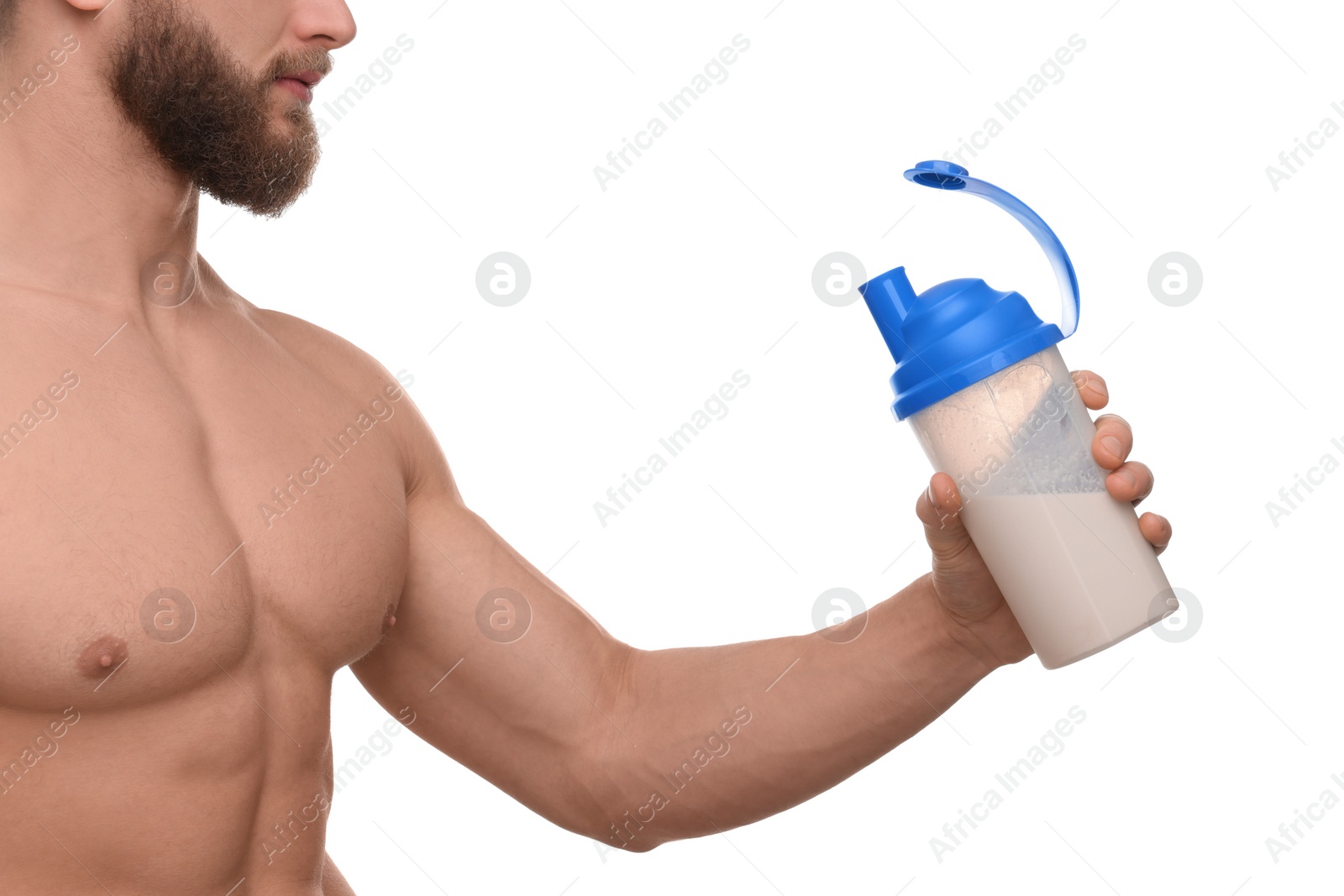 Photo of Young man with muscular body holding shaker of protein on white background, closeup