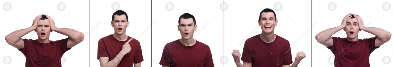 Image of Surprised man on white background, collage of photos