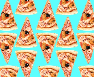 Image of Seafood pizza slices on light blue background. Pattern design 