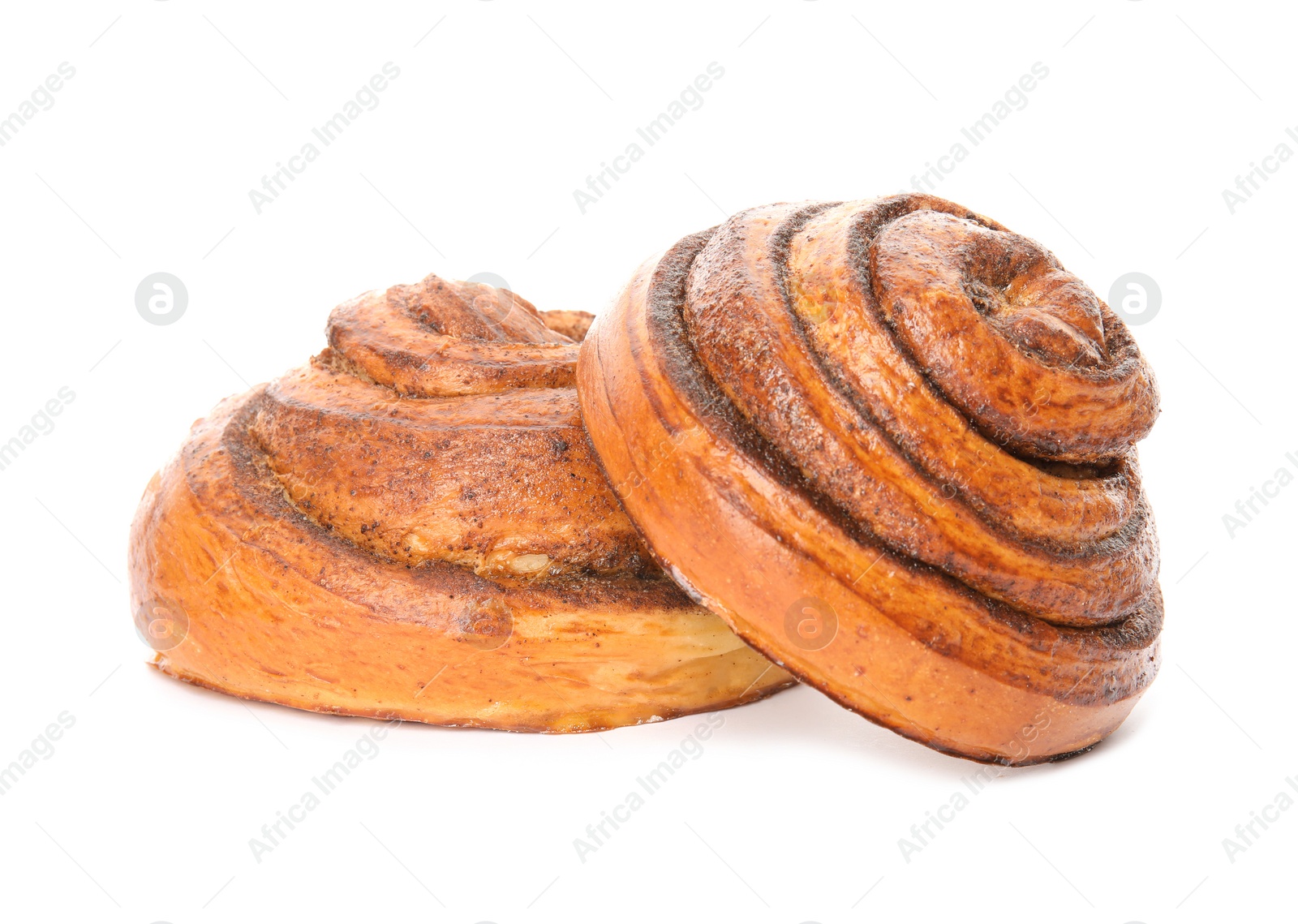 Photo of Freshly baked cinnamon rolls on white background