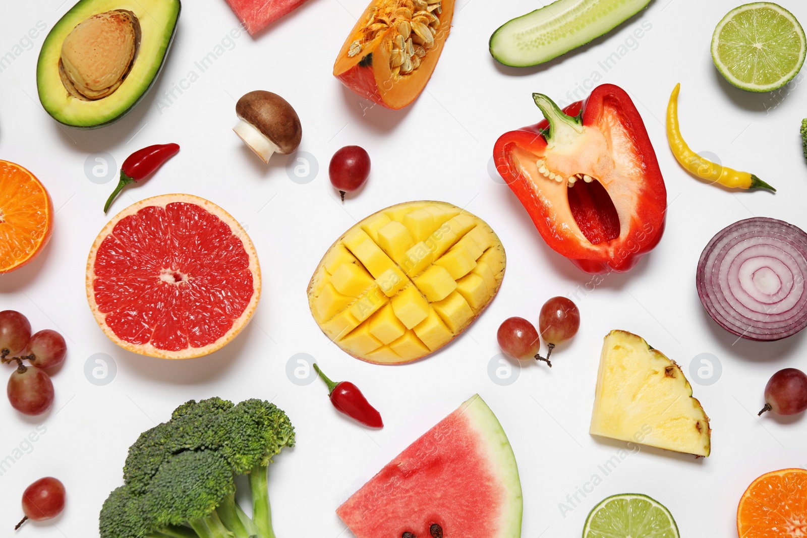 Photo of Composition with fresh organic fruits and vegetables on white background, top view