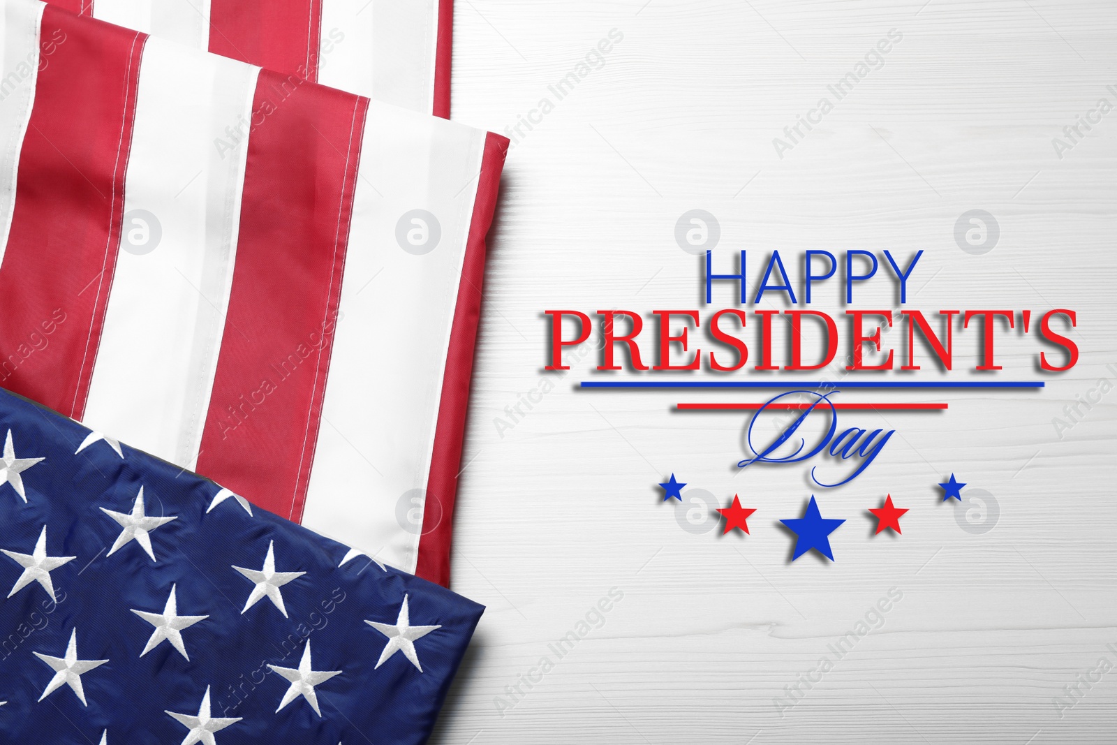 Image of Happy President's Day - federal holiday. American flag and text on white wooden background, top view