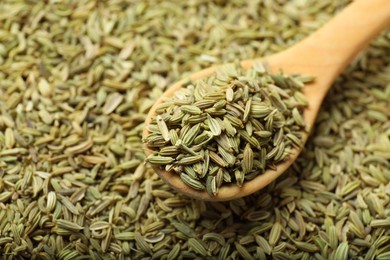 Heap of fennel seeds and wooden spoon as background, closeup