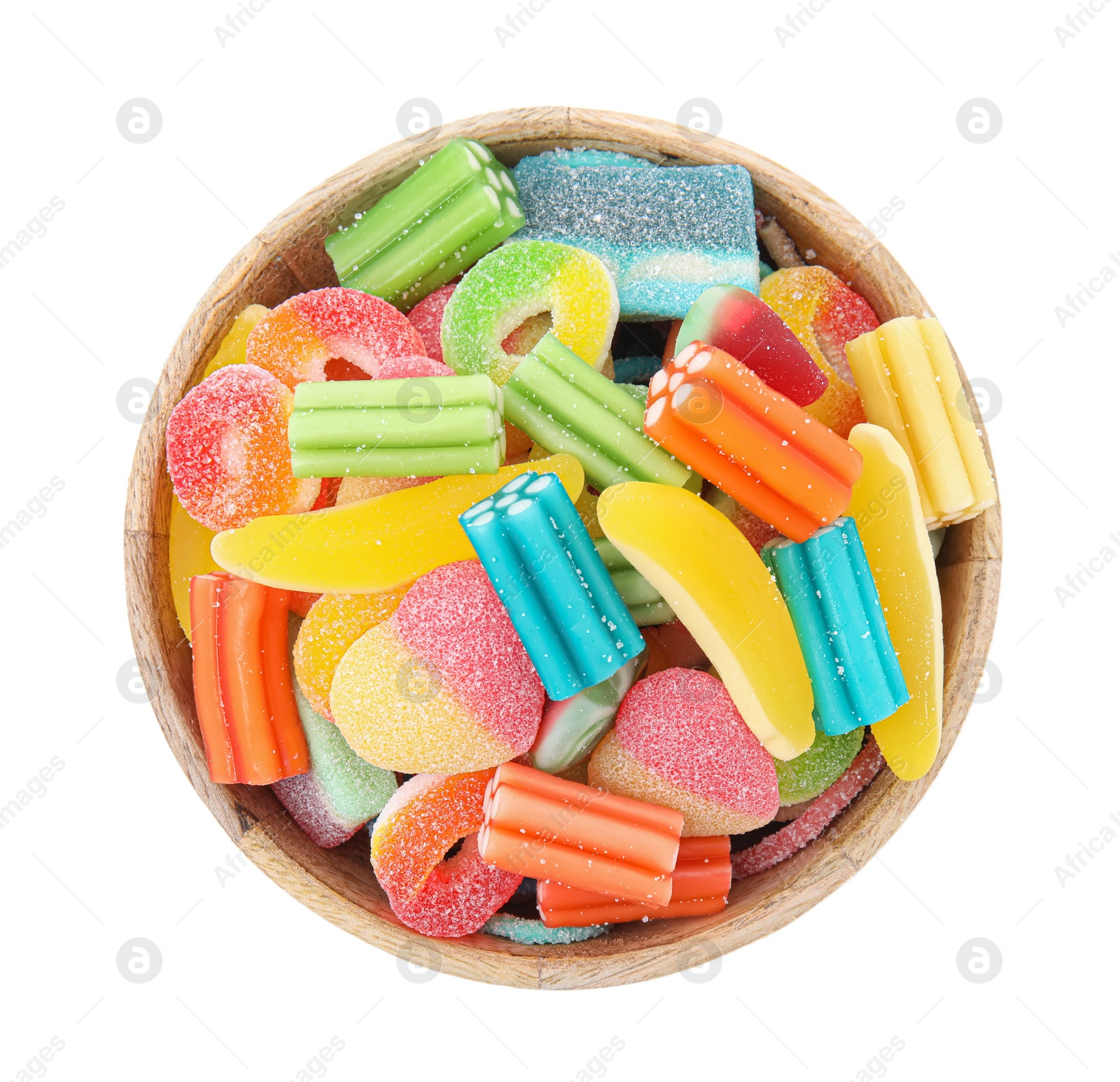 Photo of Bowl of tasty colorful jelly candies on white background, top view