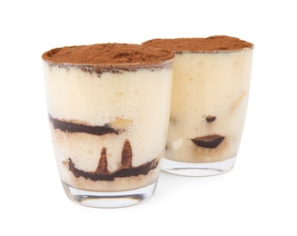 Photo of Two glasses of tiramisu cake isolated on white