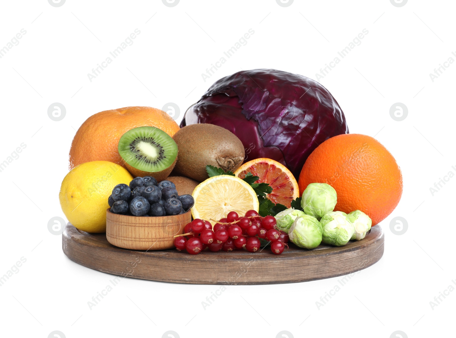 Photo of Fresh products rich in vitamin C on white background