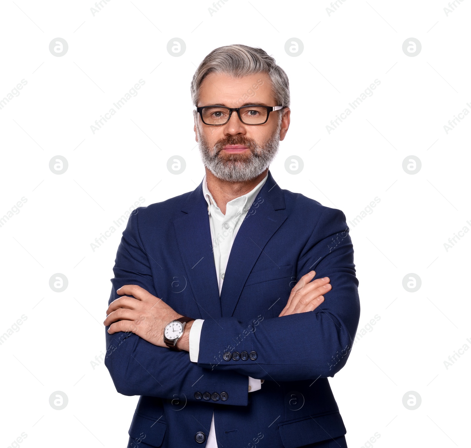 Photo of Portrait of serious man in glasses with crossed arms on white background. Lawyer, businessman, accountant or manager