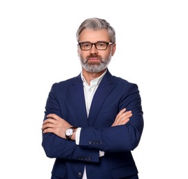 Portrait of serious man in glasses with crossed arms on white background. Lawyer, businessman, accountant or manager