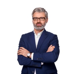 Photo of Portrait of serious man in glasses with crossed arms on white background. Lawyer, businessman, accountant or manager