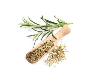 Photo of Scoop with fresh and dry rosemary isolated on white, top view