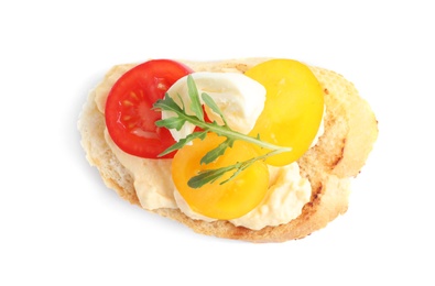 Delicious tomato bruschetta on white background, top view