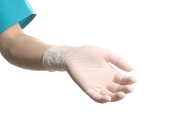 Doctor wearing medical glove on white background, closeup