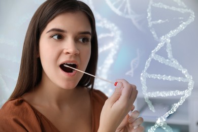 Image of Woman taking sample for genetic testing indoors. Illustration of DNA structure