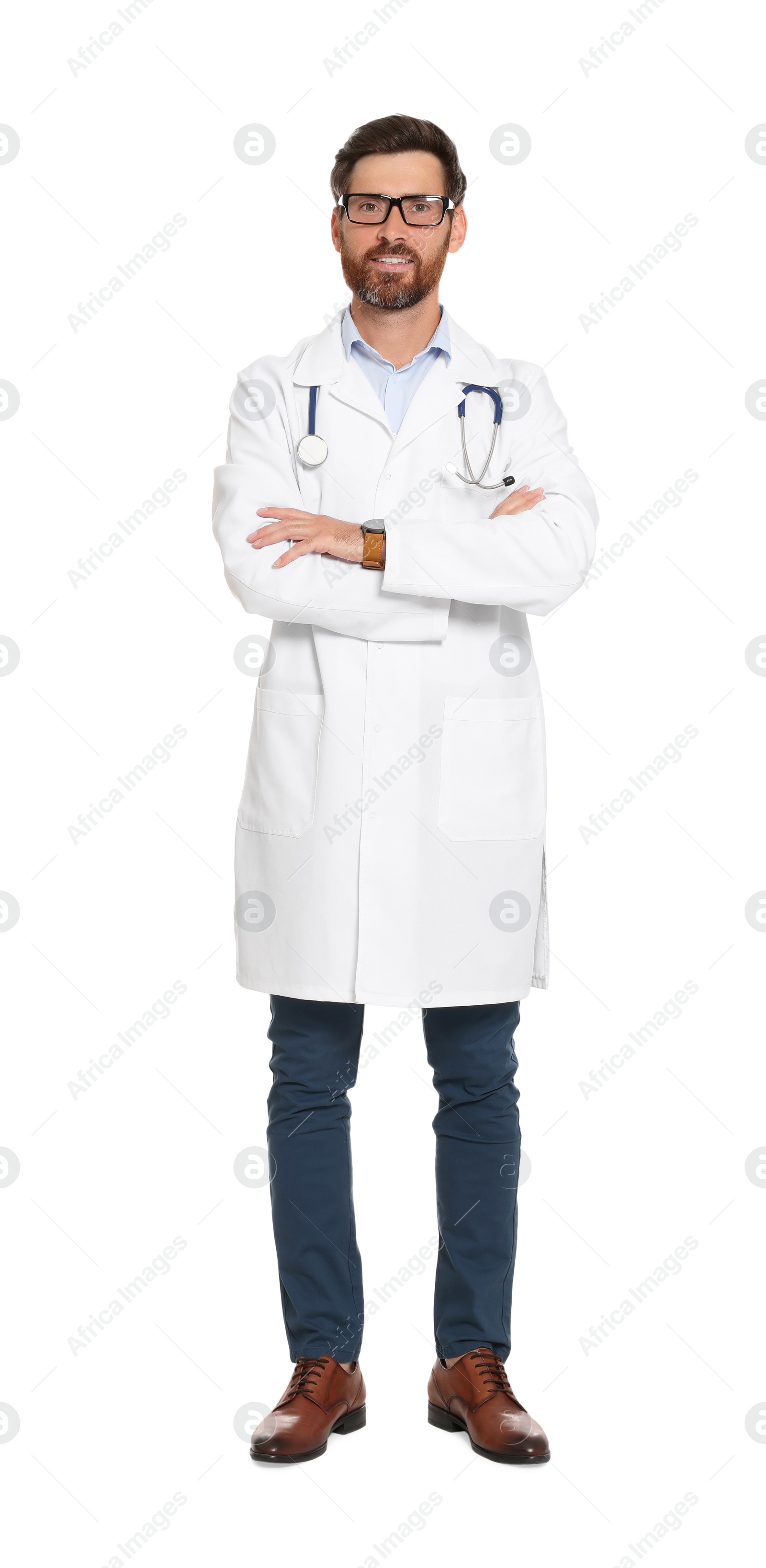 Photo of Full length portrait of doctor with stethoscope on white background