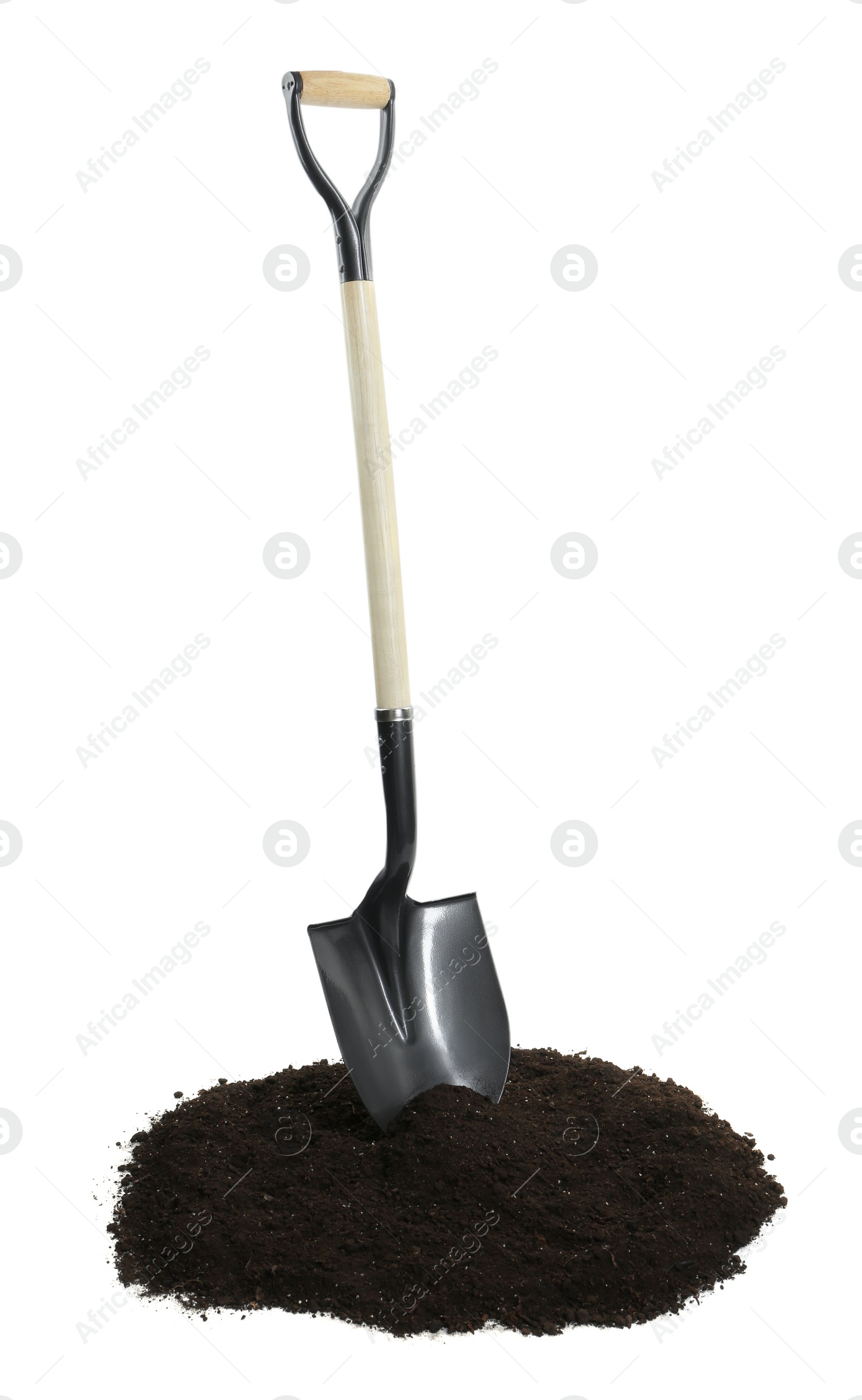 Shovel and pile of soil isolated on white Photo of Shovel and pile of soil isolated on white