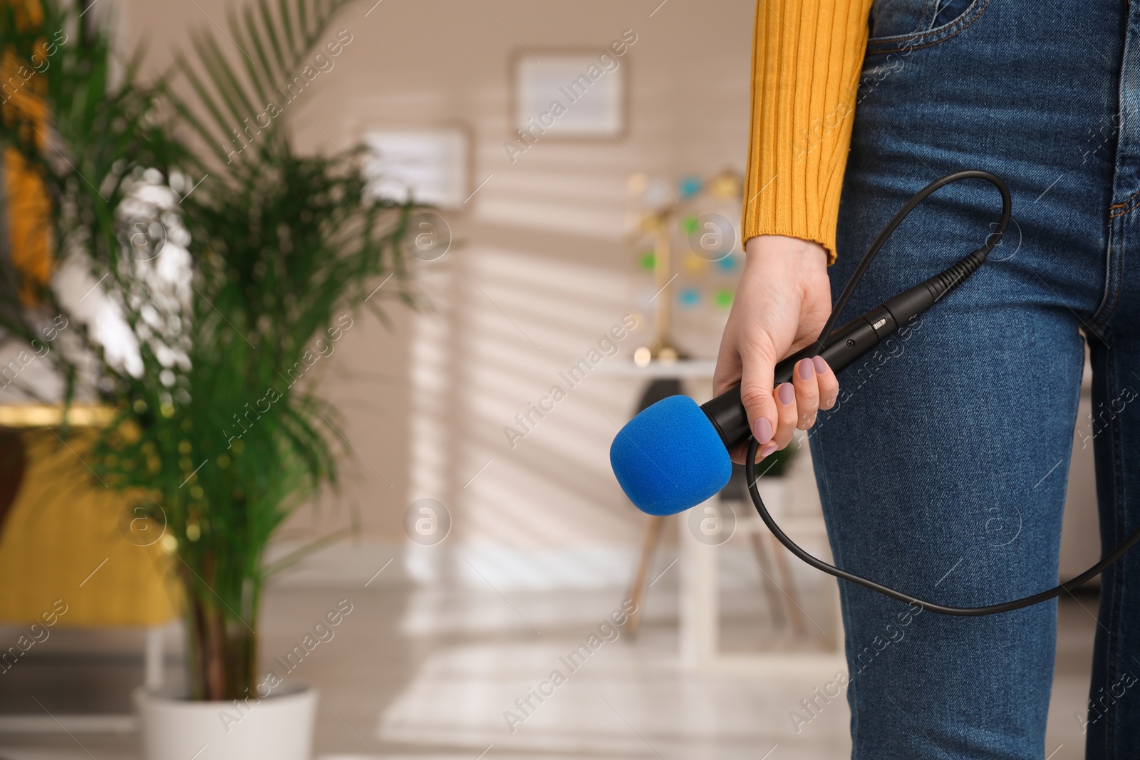 Photo of Professional journalist with modern microphone in room, closeup