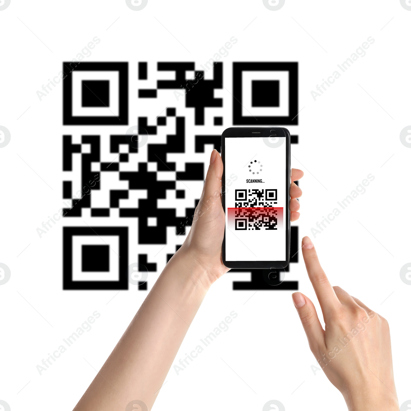 Image of Woman scanning QR code with smartphone on white background, closeup