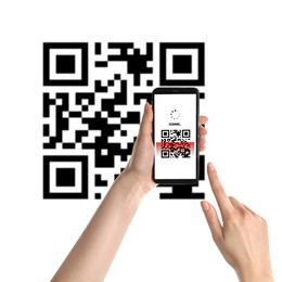 Image of Woman scanning QR code with smartphone on white background, closeup