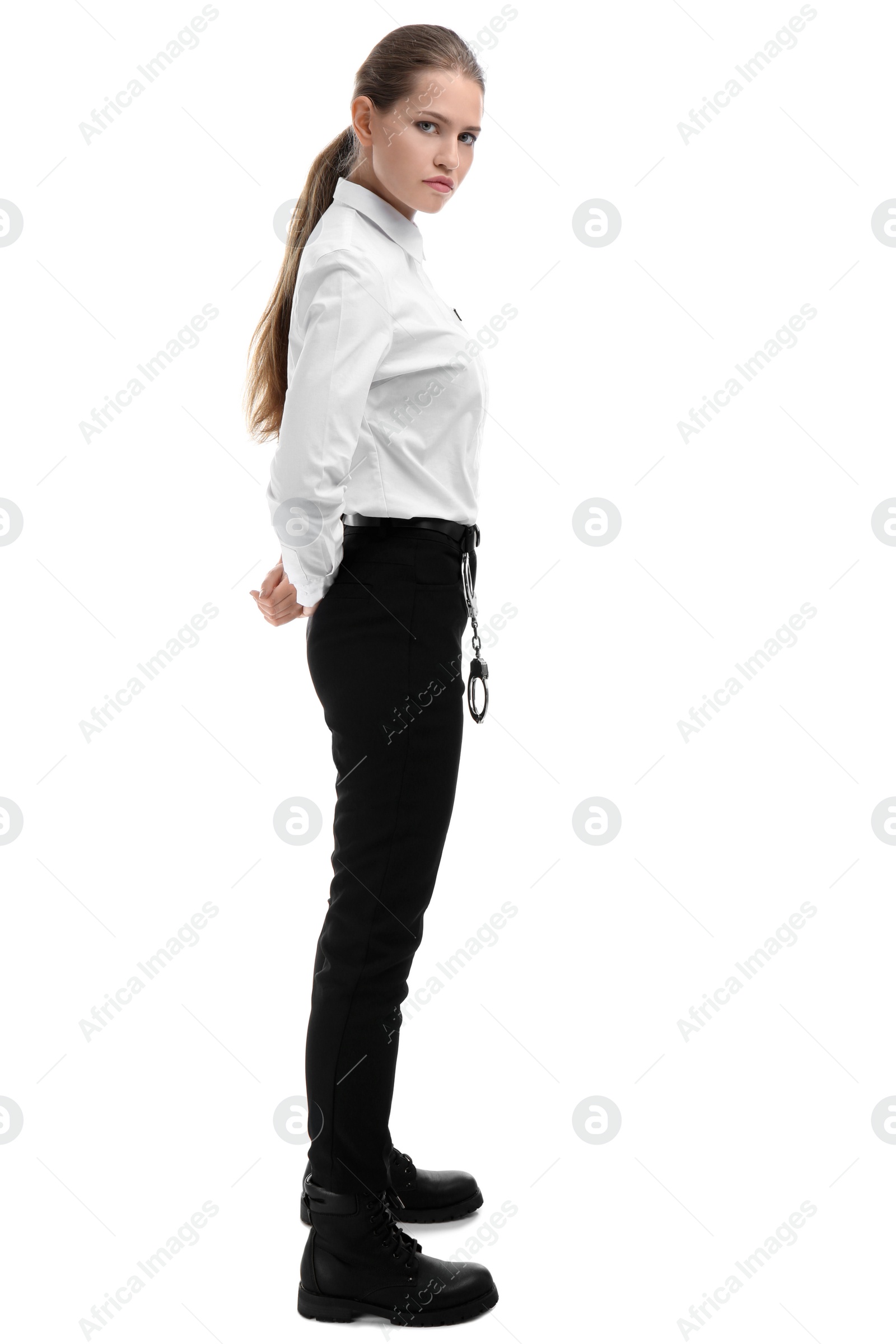 Photo of Female security guard in uniform on white background