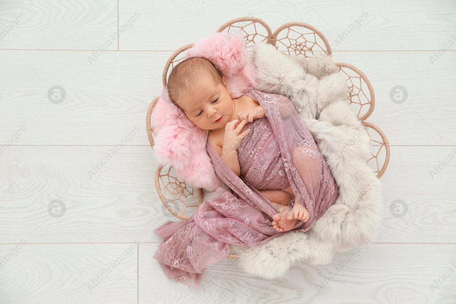 Photo of Adorable newborn girl lying in baby nest on light background, top view