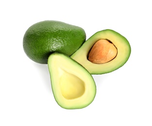 Ripe fresh avocados on white background