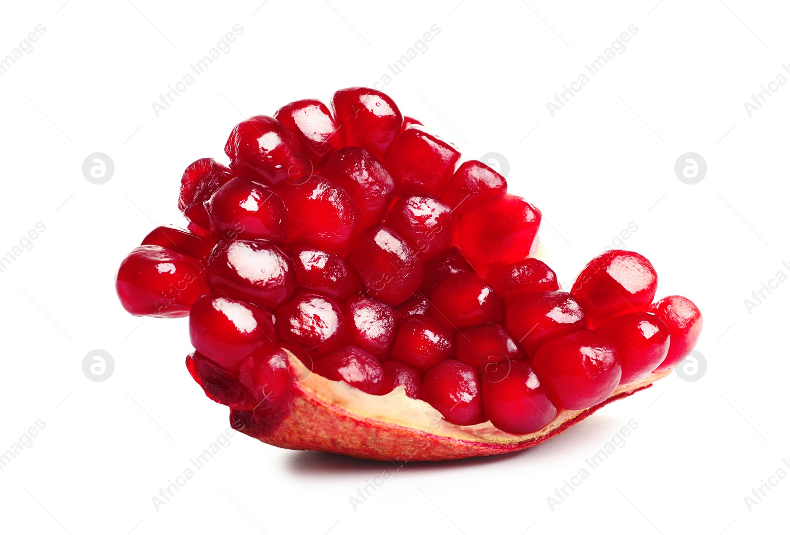 Photo of Ripe fresh pomegranate with juicy seeds on white background