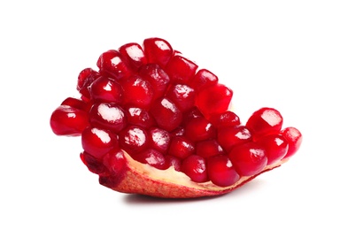 Photo of Ripe fresh pomegranate with juicy seeds on white background