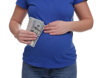 Photo of Surrogate mother. Pregnant woman with dollar banknotes on white background, closeup