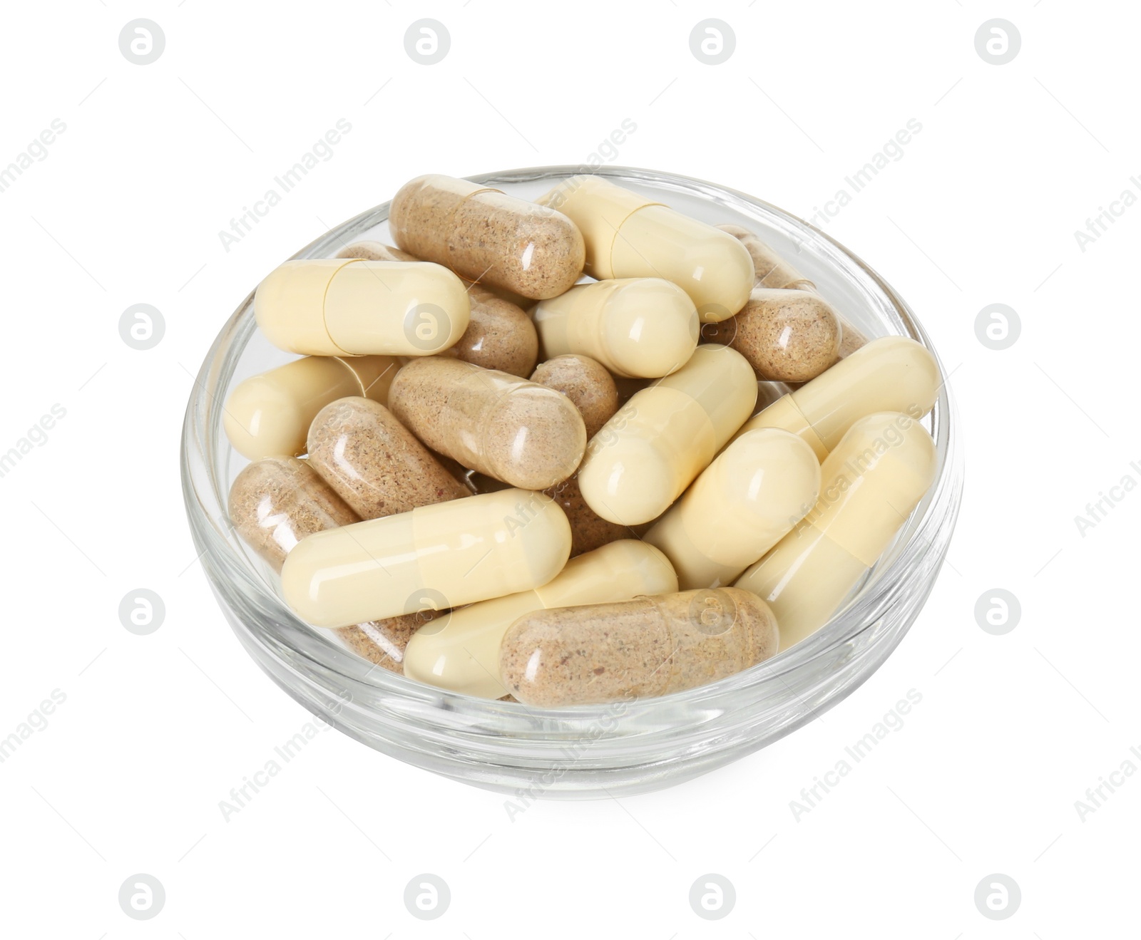 Photo of Vitamin capsules in bowl isolated on white. Health supplement