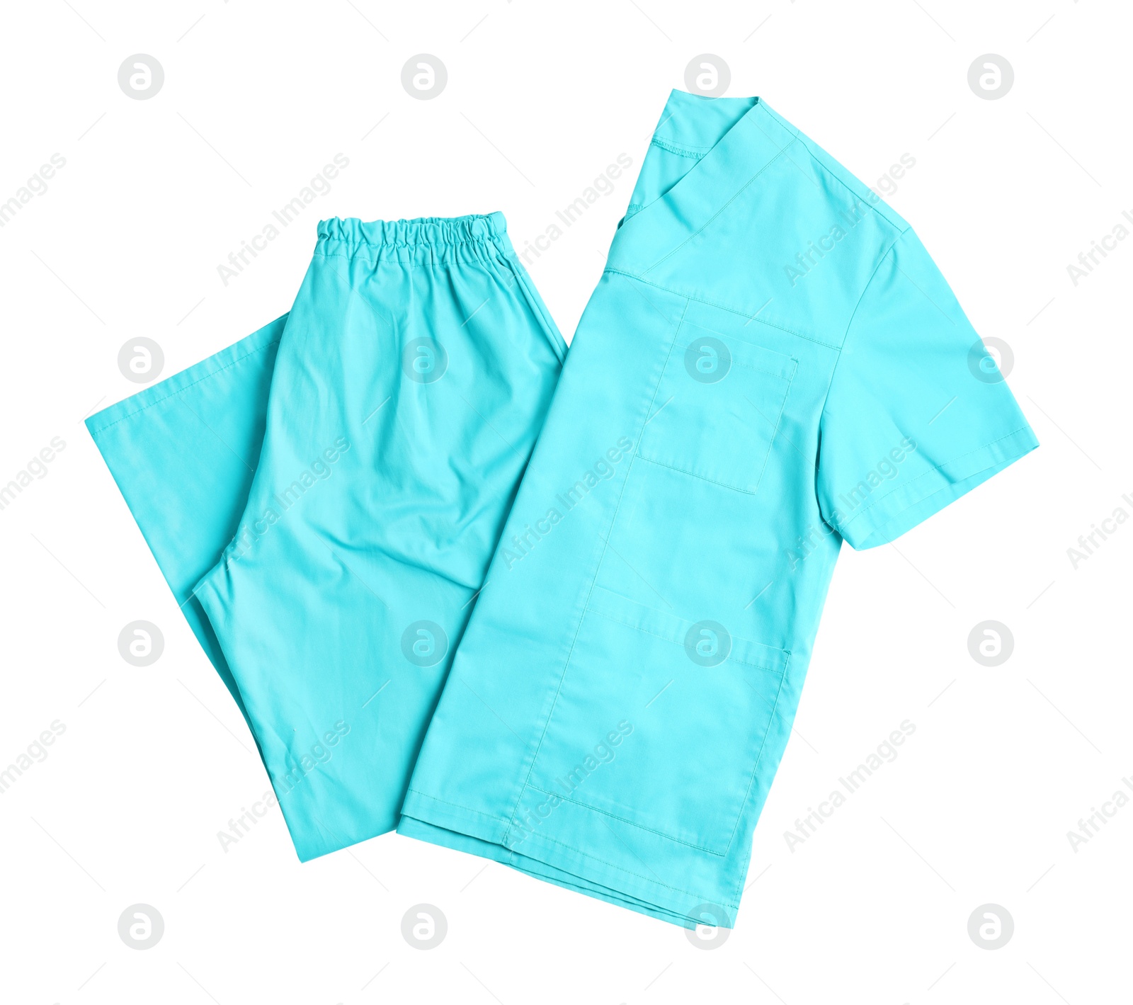 Photo of Medical uniform on white background, top view. Professional work clothes