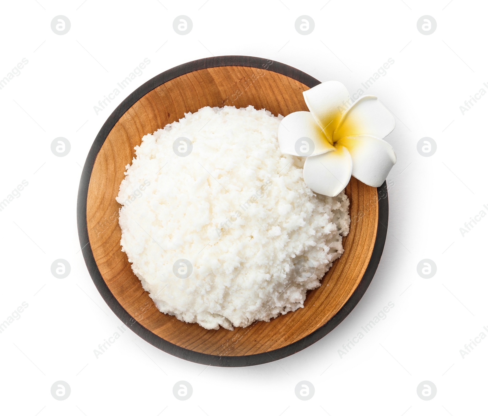 Photo of Bowl of shea butter on white background, top view