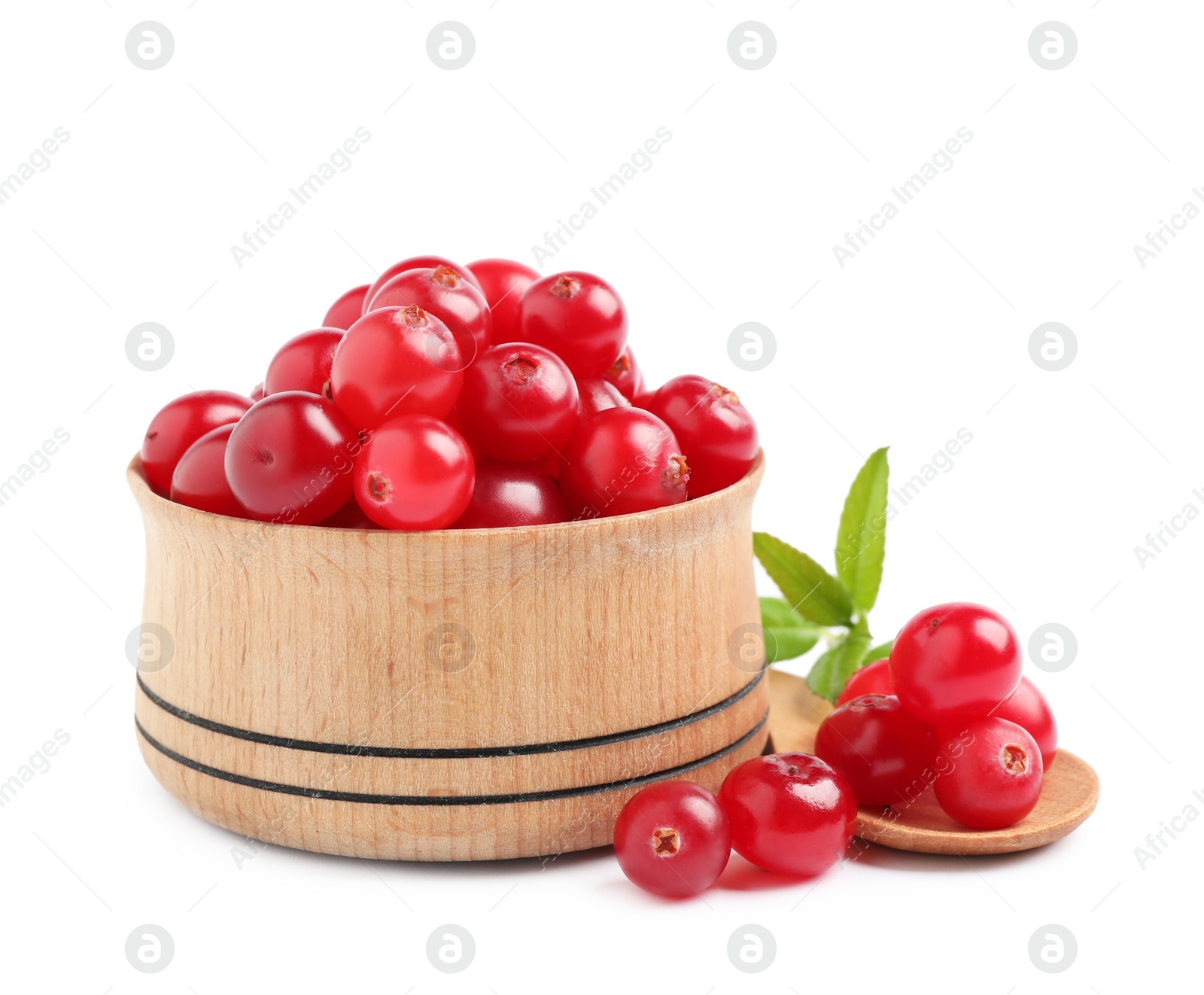 Photo of Fresh ripe cranberries with leaves on white background